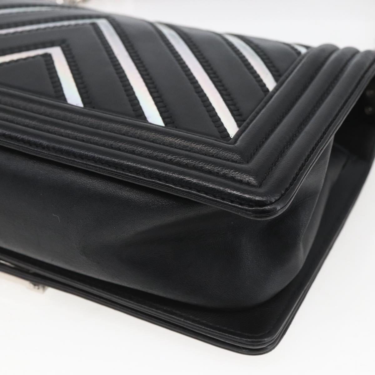 CHANEL Chain Boy Chanel V Stitch Bag Leather Black Silver CC Auth ka1417SAM