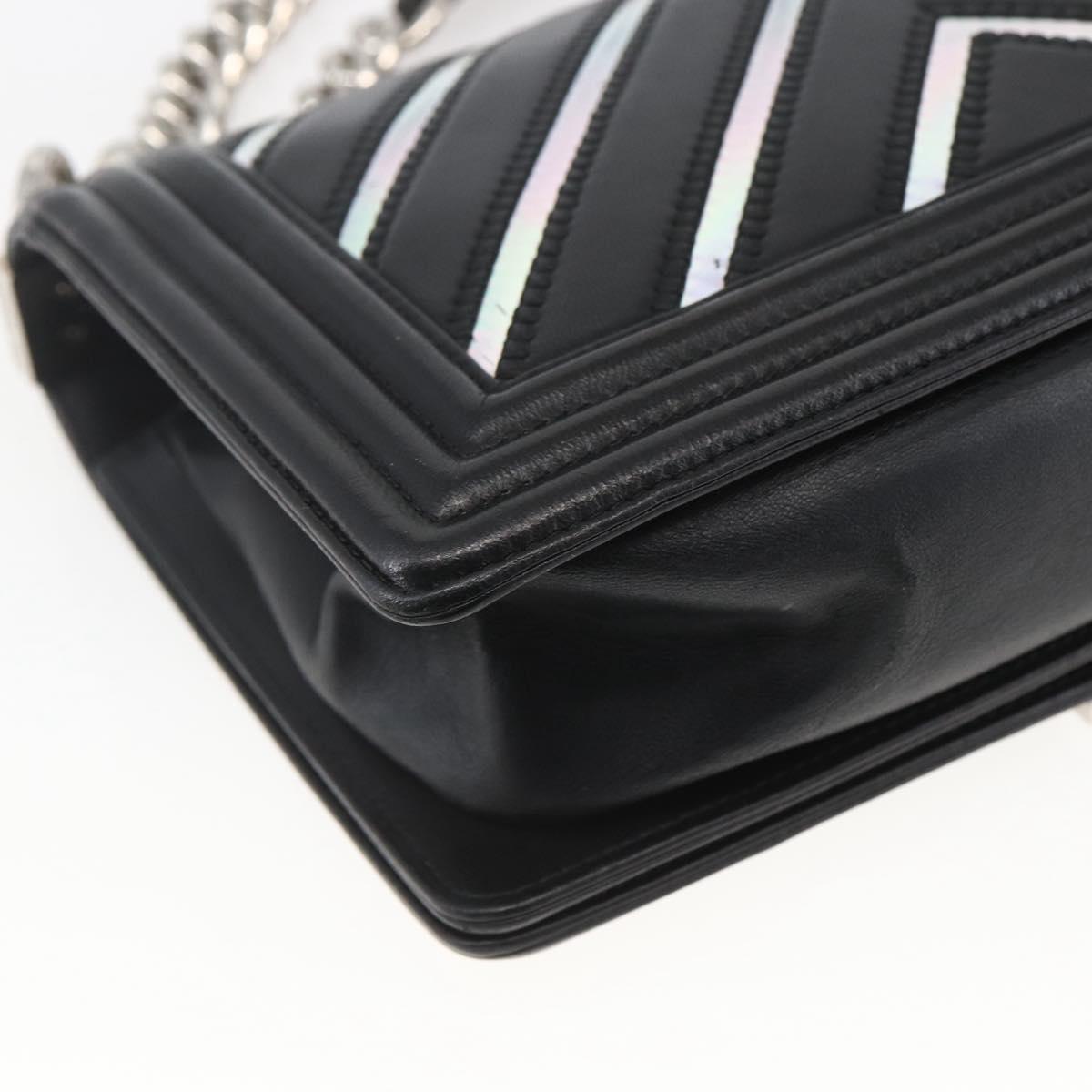 CHANEL Chain Boy Chanel V Stitch Bag Leather Black Silver CC Auth ka1417SAM