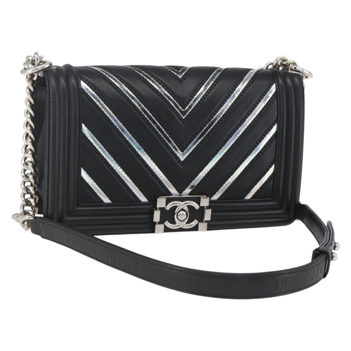 CHANEL Chain Boy Chanel V Stitch Bag Leather Black Silver CC Auth ka1417SAM