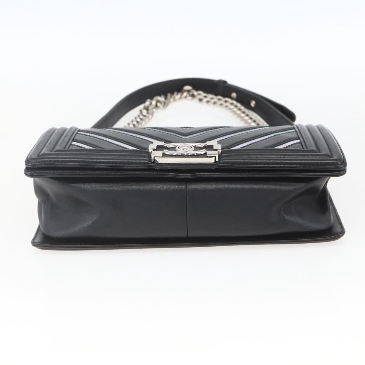 CHANEL Chain Boy Chanel V Stitch Bag Leather Black Silver CC Auth ka1417SAM