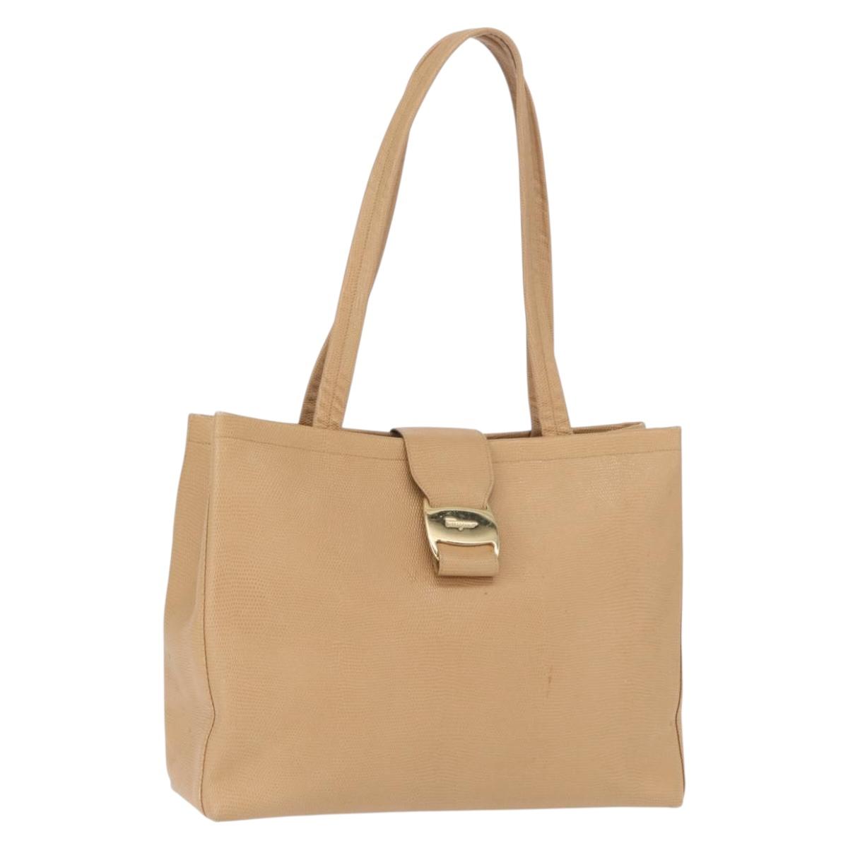 Salvatore Ferragamo Vala Tote Bag Leather Beige Gold Auth ka1447