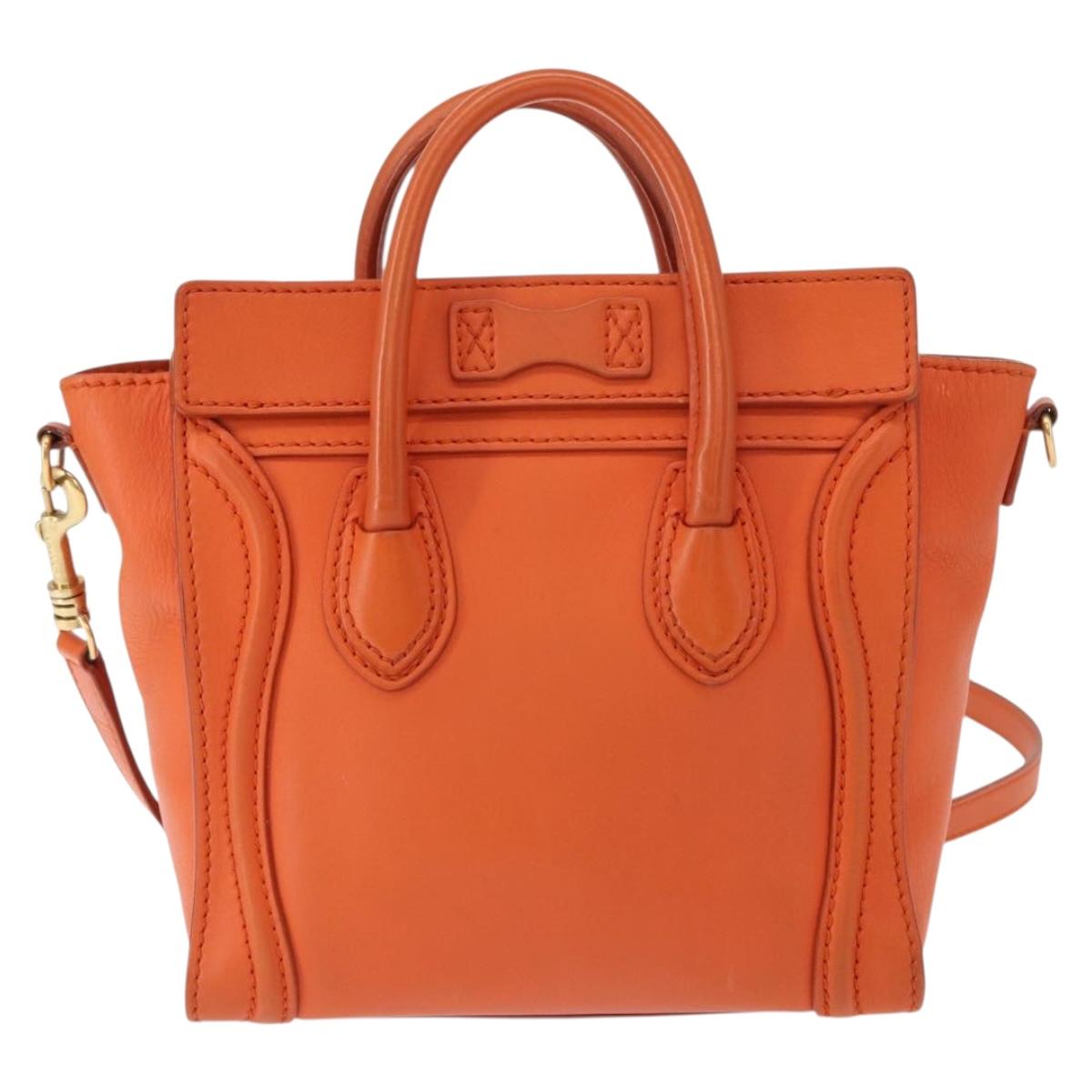 CELINE Luggage Nano Shopper Hand Bag Leather 2way Orange Gold Auth ka148