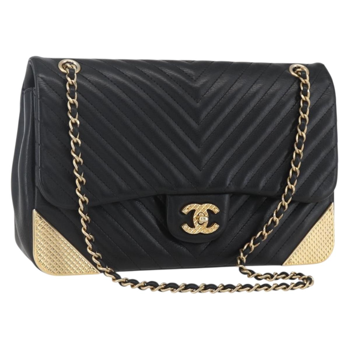 CHANEL V Stitch Chevron Chain Shoulder Bag Lamb Skin Black Gold CC Auth ka1483SAM