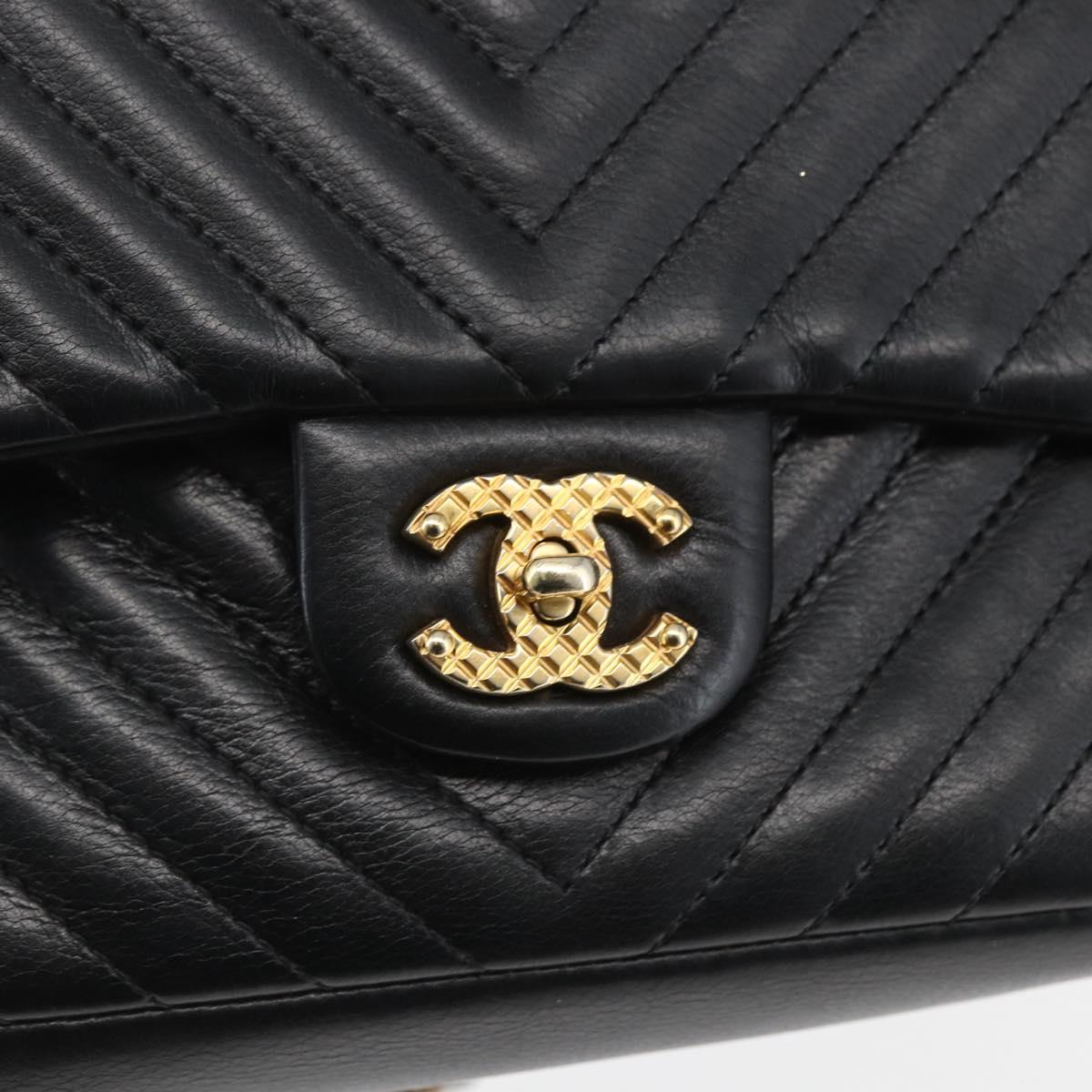 CHANEL V Stitch Chevron Chain Shoulder Bag Lamb Skin Black Gold CC Auth ka1483SAM