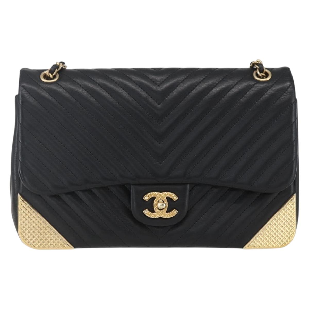 CHANEL V Stitch Chevron Chain Shoulder Bag Lamb Skin Black Gold CC Auth ka1483SAM