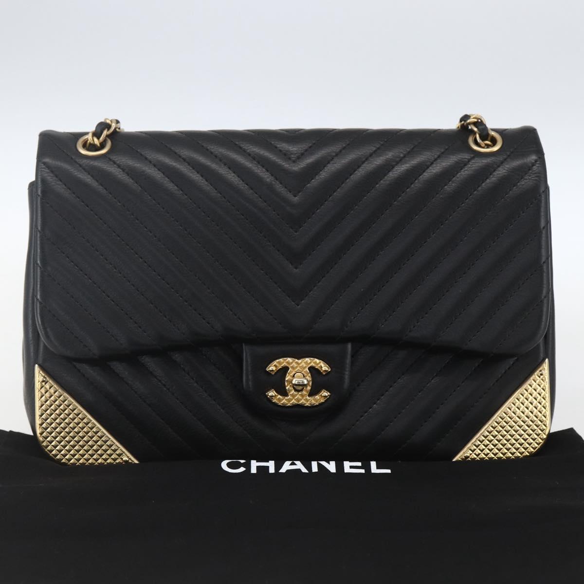CHANEL V Stitch Chevron Chain Shoulder Bag Lamb Skin Black Gold CC Auth ka1483SAM