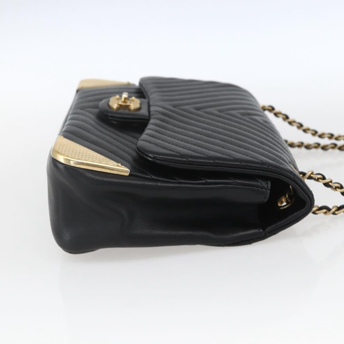 CHANEL V Stitch Chevron Chain Shoulder Bag Lamb Skin Black Gold CC Auth ka1483SAM
