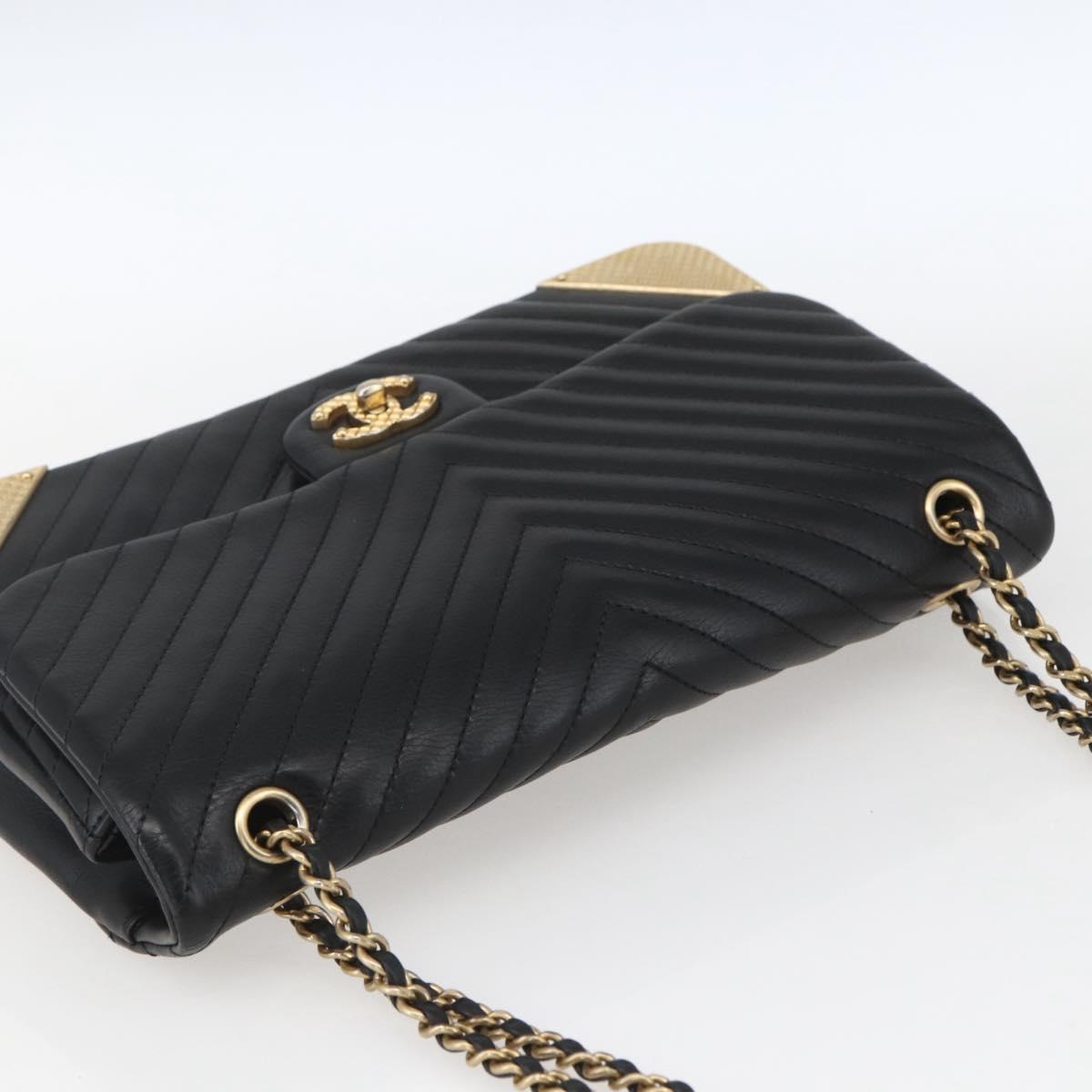 CHANEL V Stitch Chevron Chain Shoulder Bag Lamb Skin Black Gold CC Auth ka1483SAM