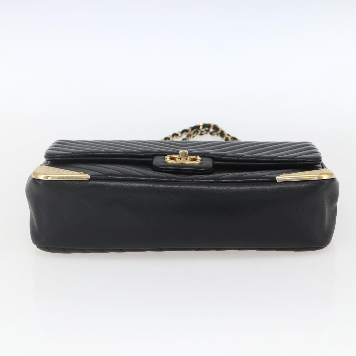 CHANEL V Stitch Chevron Chain Shoulder Bag Lamb Skin Black Gold CC Auth ka1483SAM