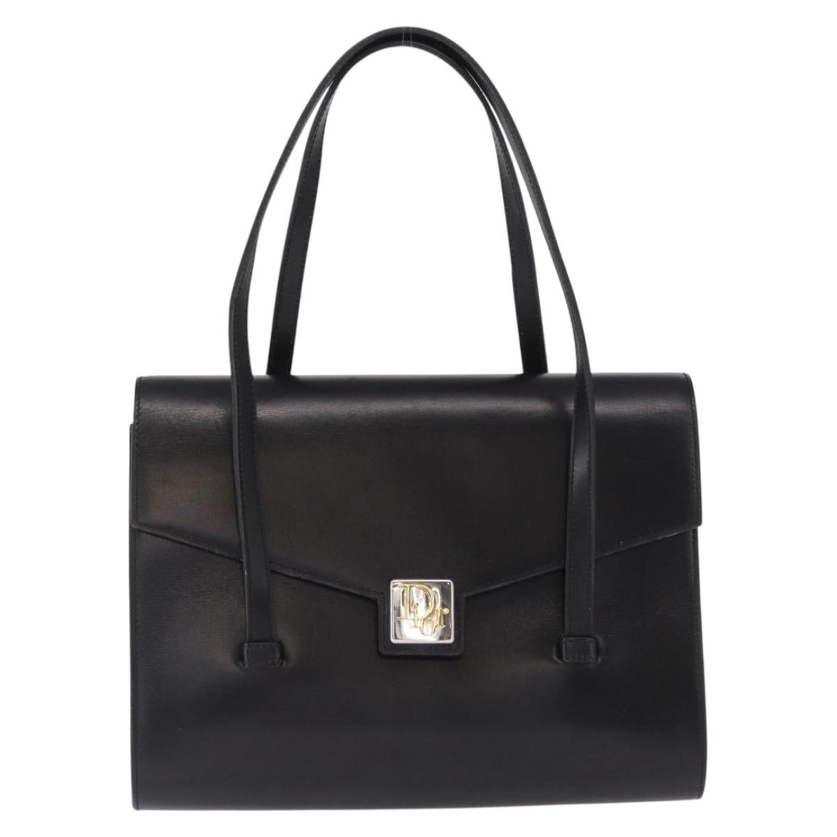 Christian Dior Hand Bag Leather Black Gold Auth ka1492