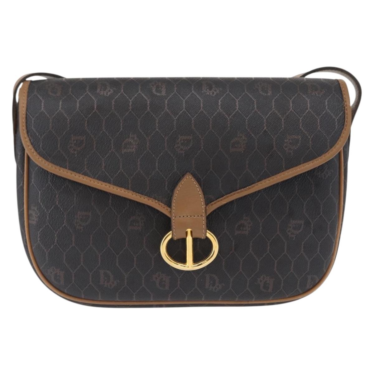 Christian Dior Honeycomb Canvas Shoulder Bag Black Gold Auth ka1496
