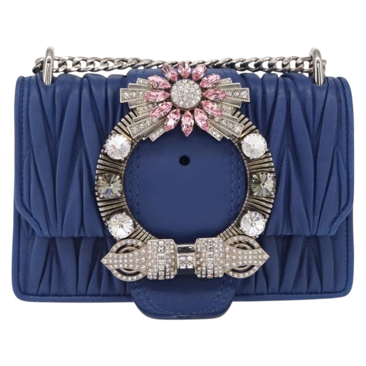 Miu Miu Matelasse Chain Shoulder Bag Leather Blue Silver Auth ka1528V