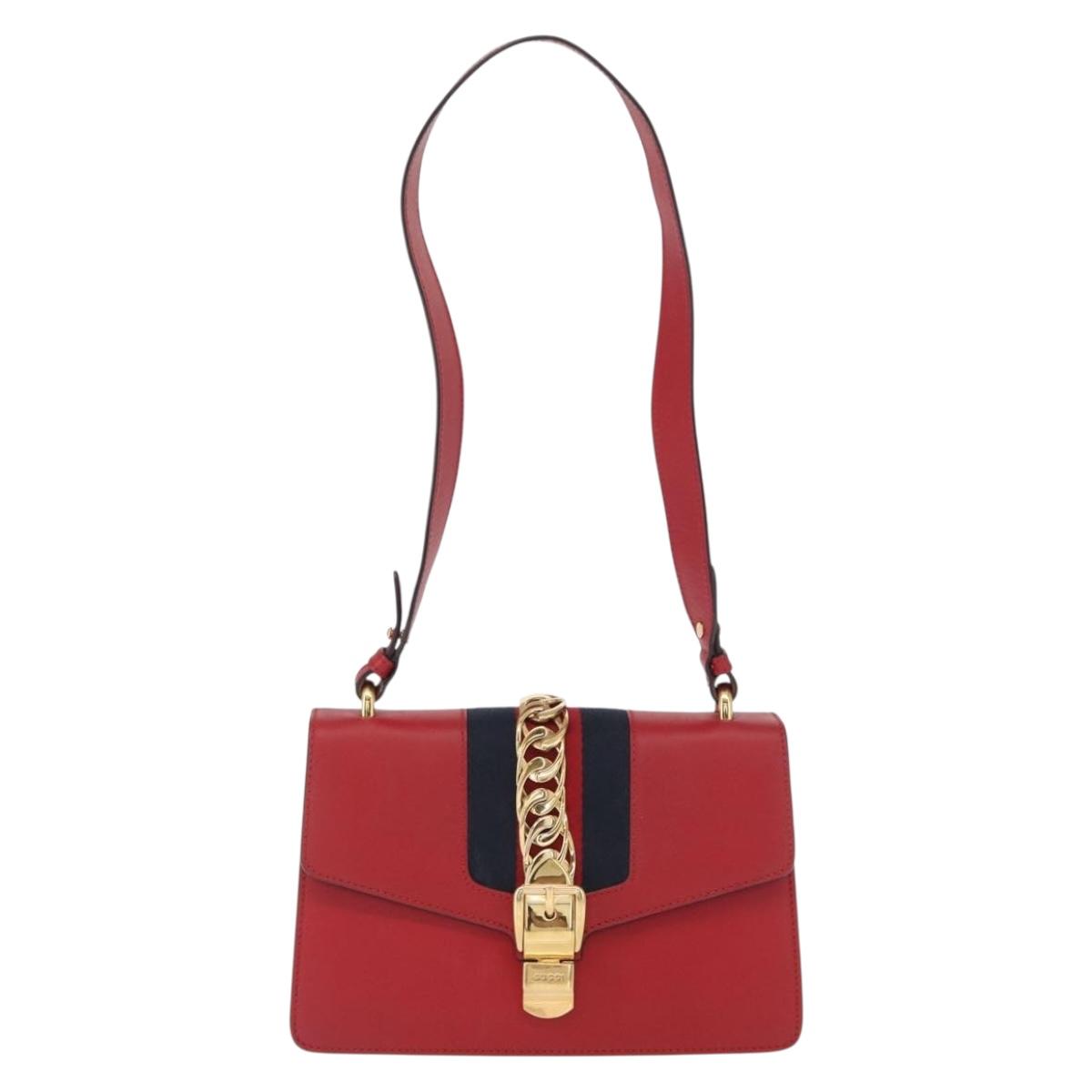 GUCCI Silvi Sherry Line Shoulder Bag Leather 2way Red Gold 421882 Auth ka1549