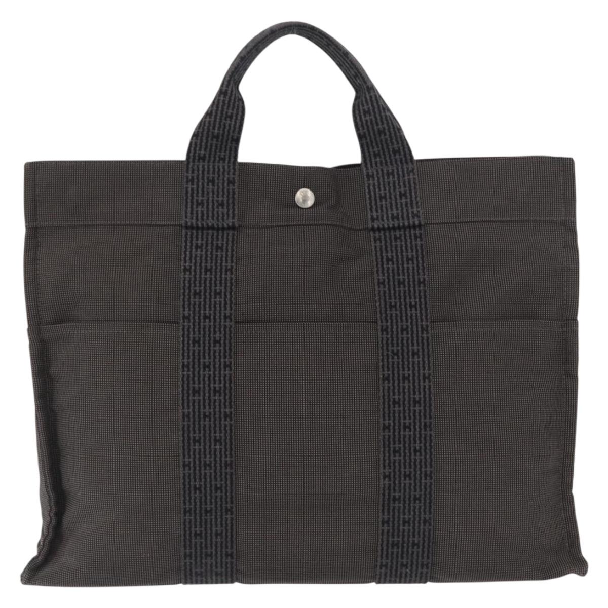 HERMES Her Line MM Hand Bag Canvas Gray Silver Auth ka1554