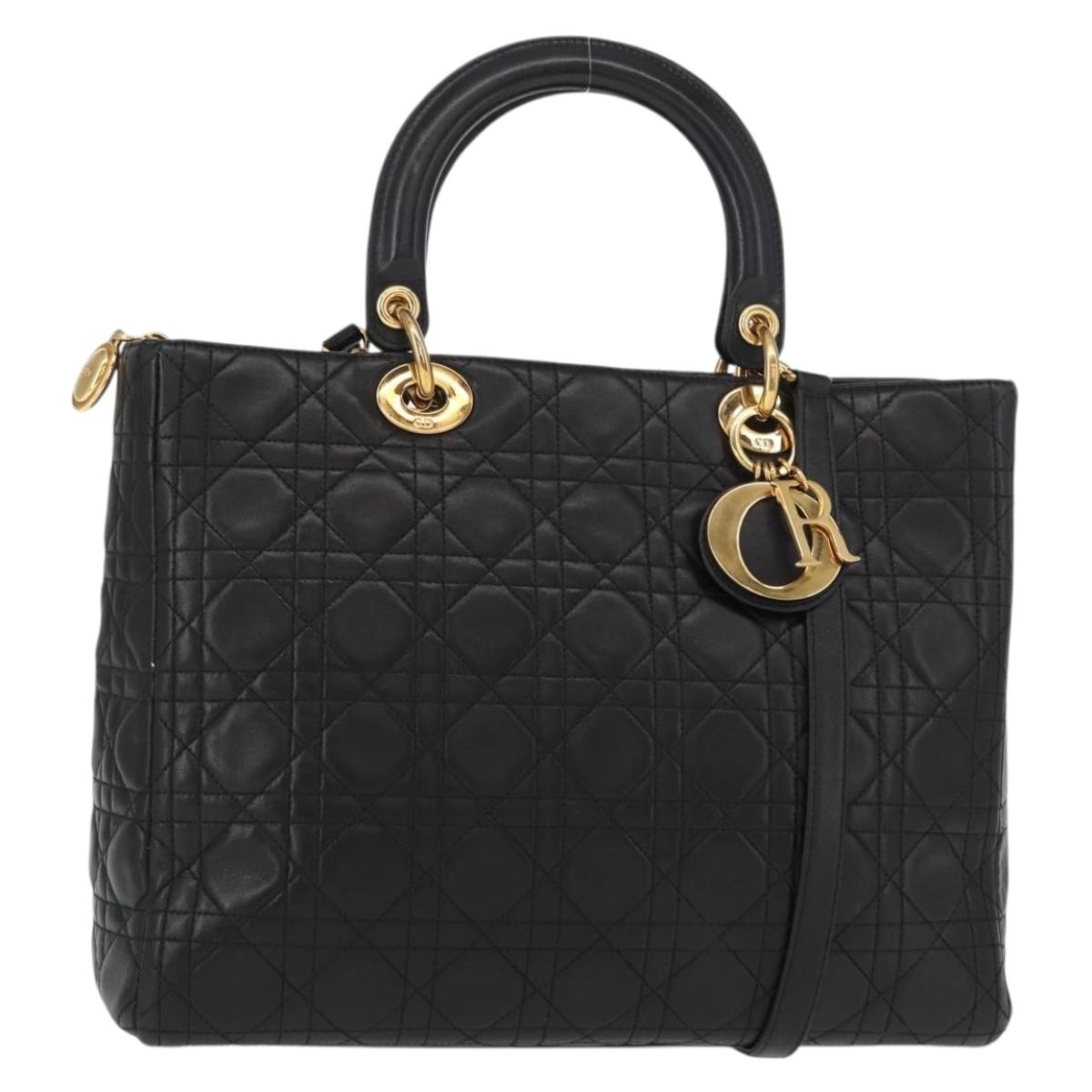 Christian Dior Canage Hand Bag Lamb Skin 2way Black Gold Auth ka155V