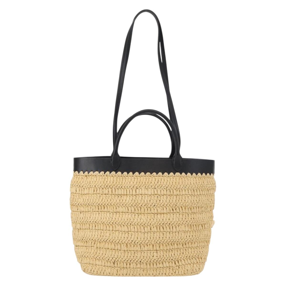 PRADA Hand Bag Straw Leather 2way Beige Black Auth ka156AV