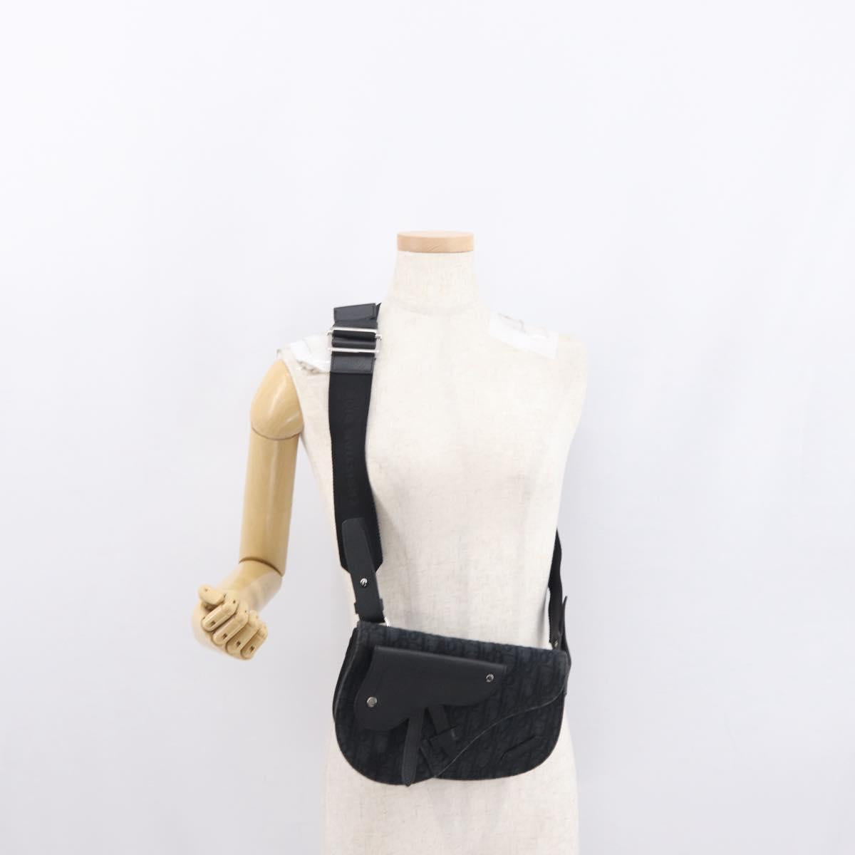 Christian Dior Oblique Trotter Canvas Saddle bag Bag Black Silver Auth ka1589M
