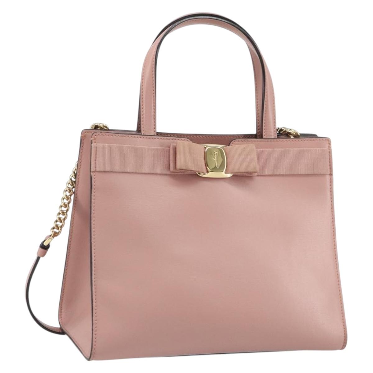 Salvatore Ferragamo Vala Hand Bag Leather 2way Pink Gold Auth ka1614