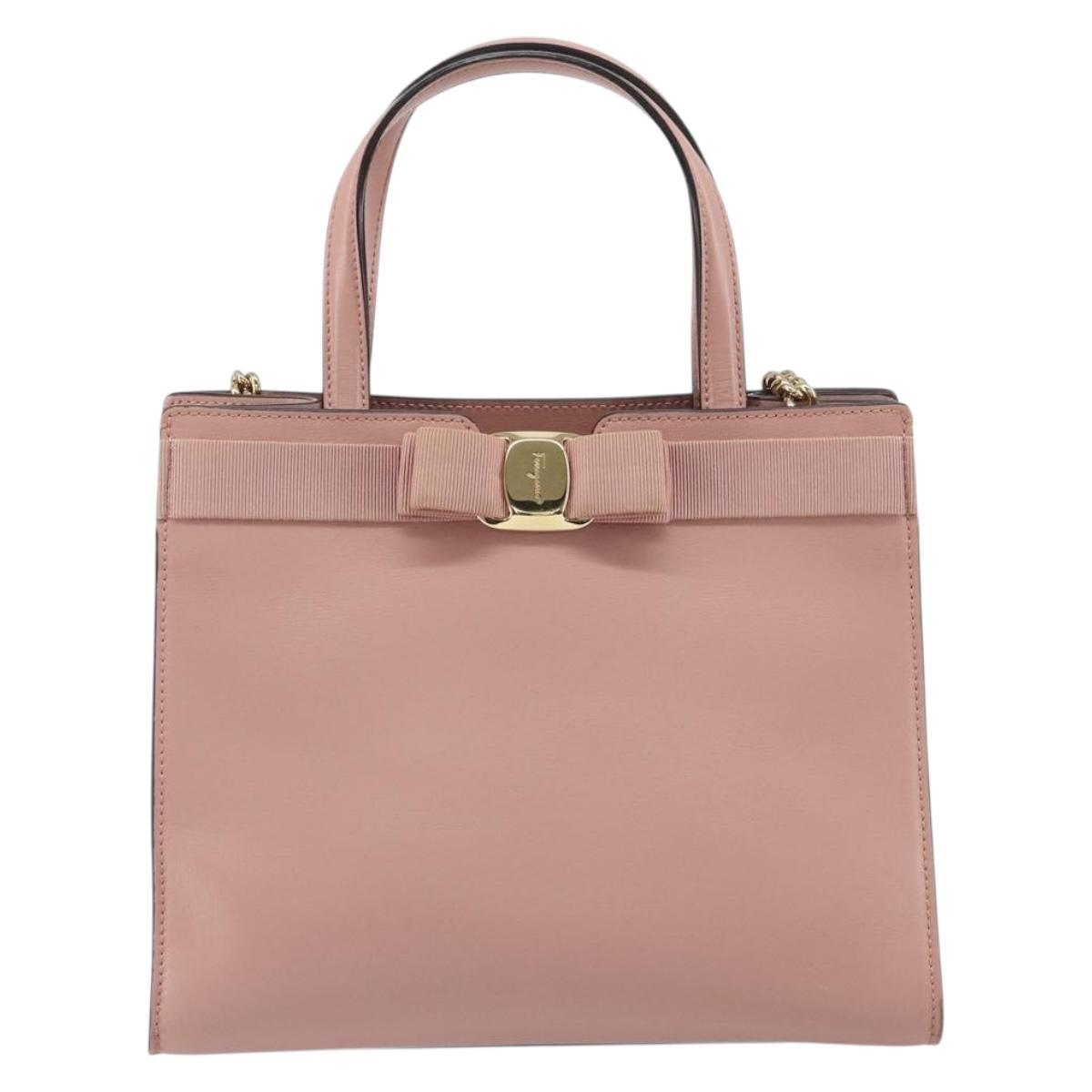 Salvatore Ferragamo Vala Hand Bag Leather 2way Pink Gold Auth ka1614