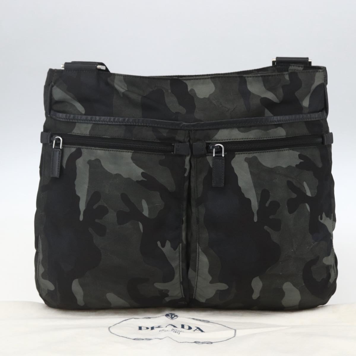 PRADA Camouflage Shoulder Bag Nylon Green Silver Auth ka1631V