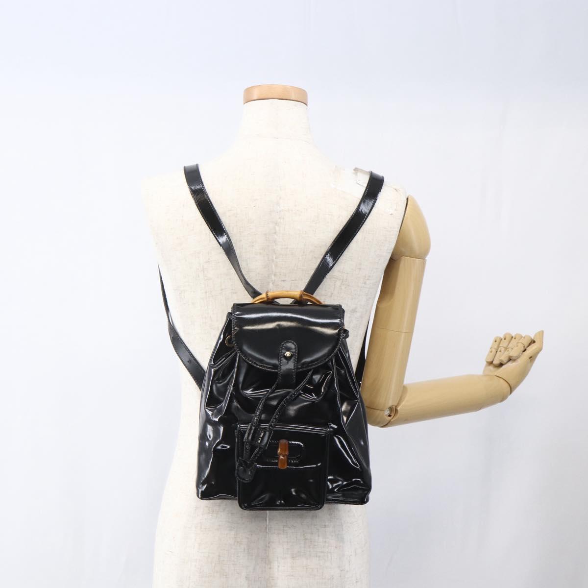 GUCCI Bamboo Backpack Patent leather Black Gold 003 1705 0030 Auth ka1659