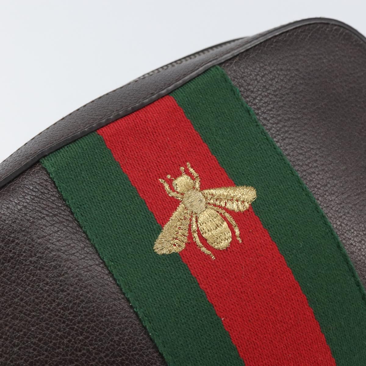 GUCCI Web Sherry Line Bee Bag Leather Dark Brown Gold Red 412008 Auth ka1667V