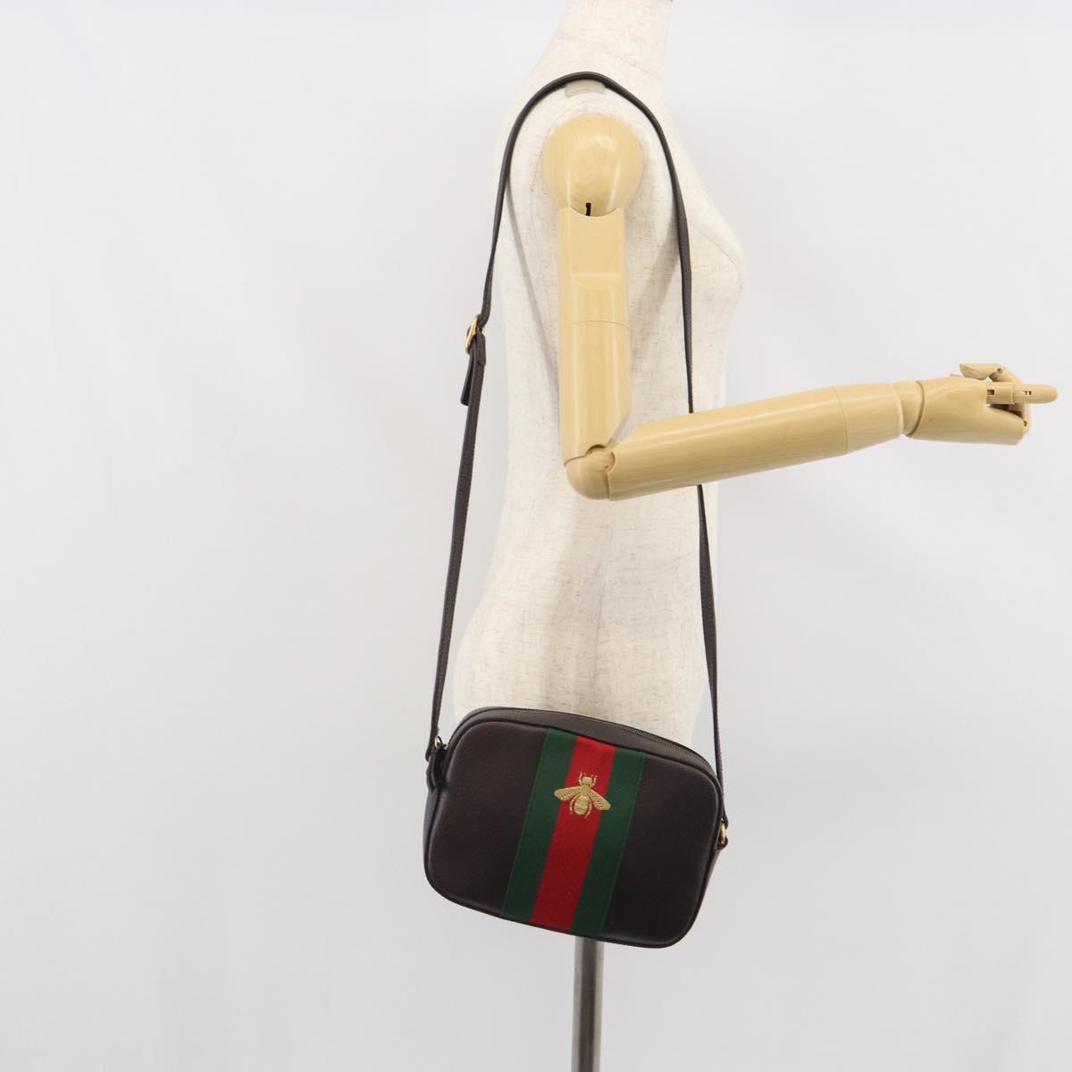 GUCCI Web Sherry Line Bee Bag Leather Dark Brown Gold Red 412008 Auth ka1667V