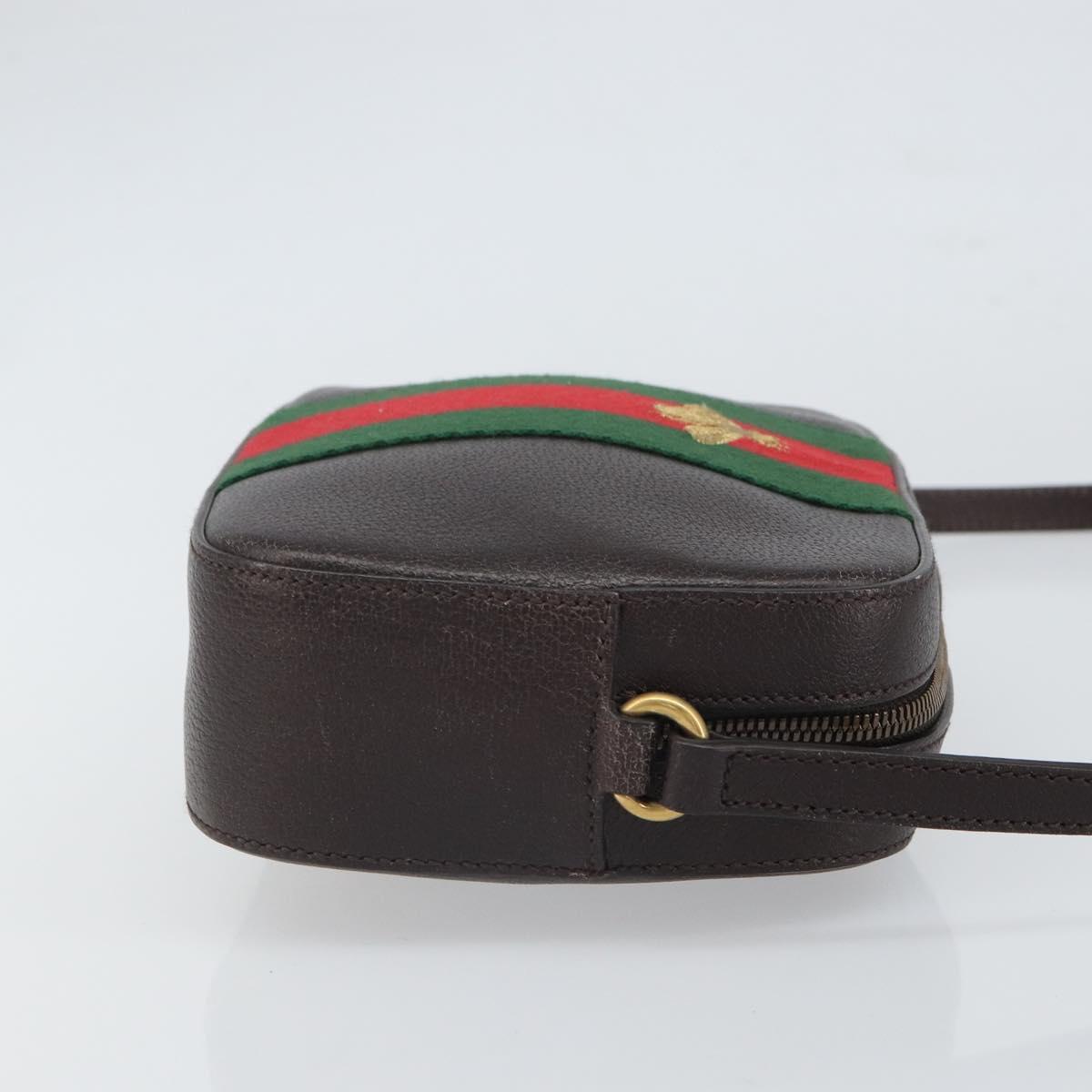 GUCCI Web Sherry Line Bee Bag Leather Dark Brown Gold Red 412008 Auth ka1667V
