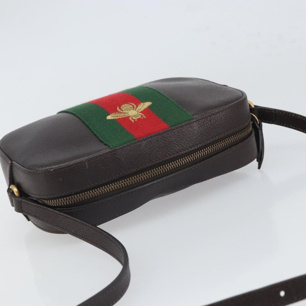 GUCCI Web Sherry Line Bee Bag Leather Dark Brown Gold Red 412008 Auth ka1667V