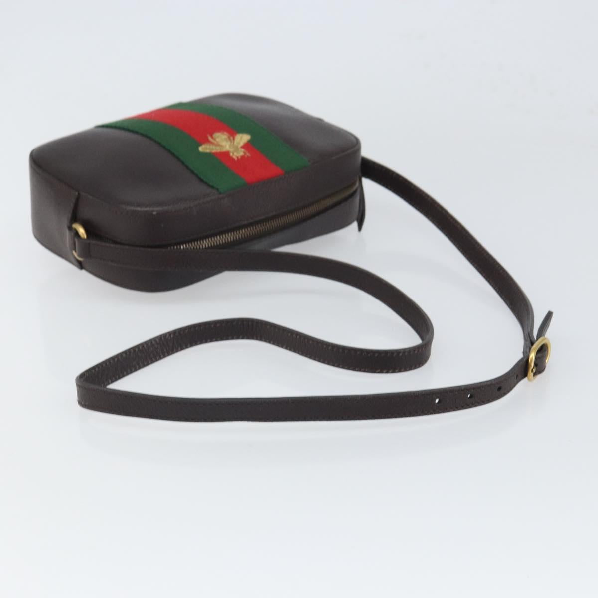 GUCCI Web Sherry Line Bee Bag Leather Dark Brown Gold Red 412008 Auth ka1667V