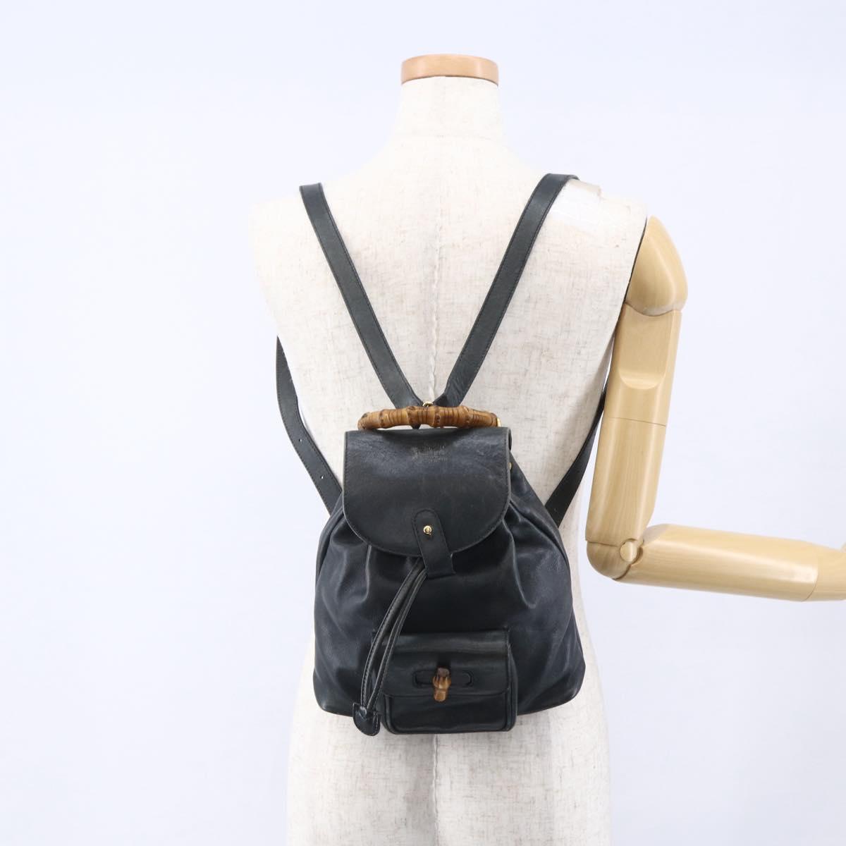 GUCCI Bamboo Backpack Leather Black Gold 003 1956 0030 Auth ka167