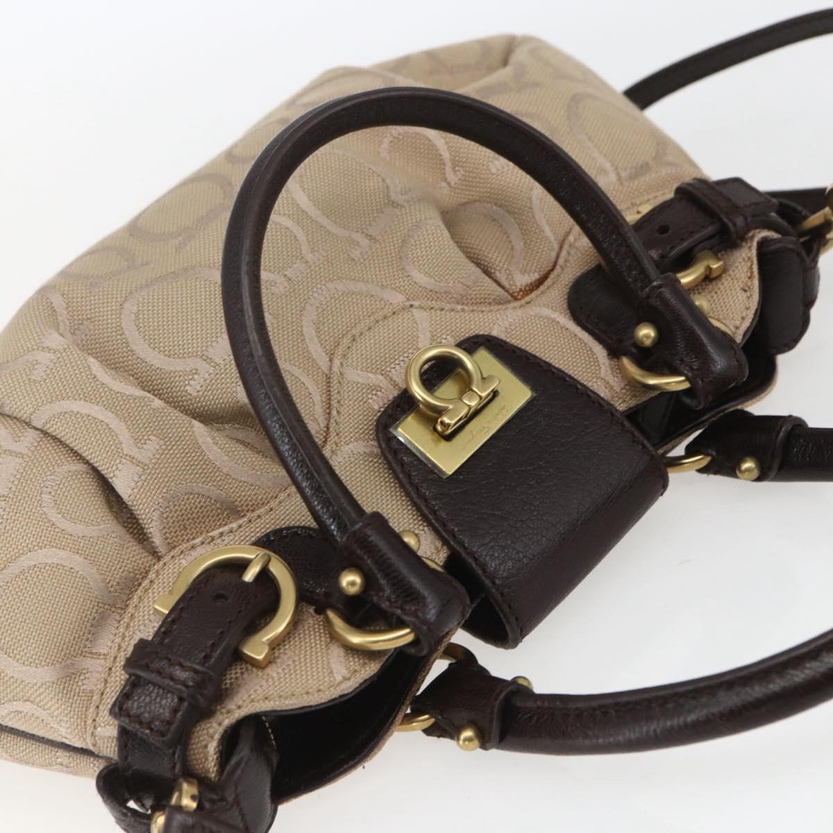 Salvatore Ferragamo Gancini Hand Bag Leather Canvas 2way Beige Gold Auth ka1671