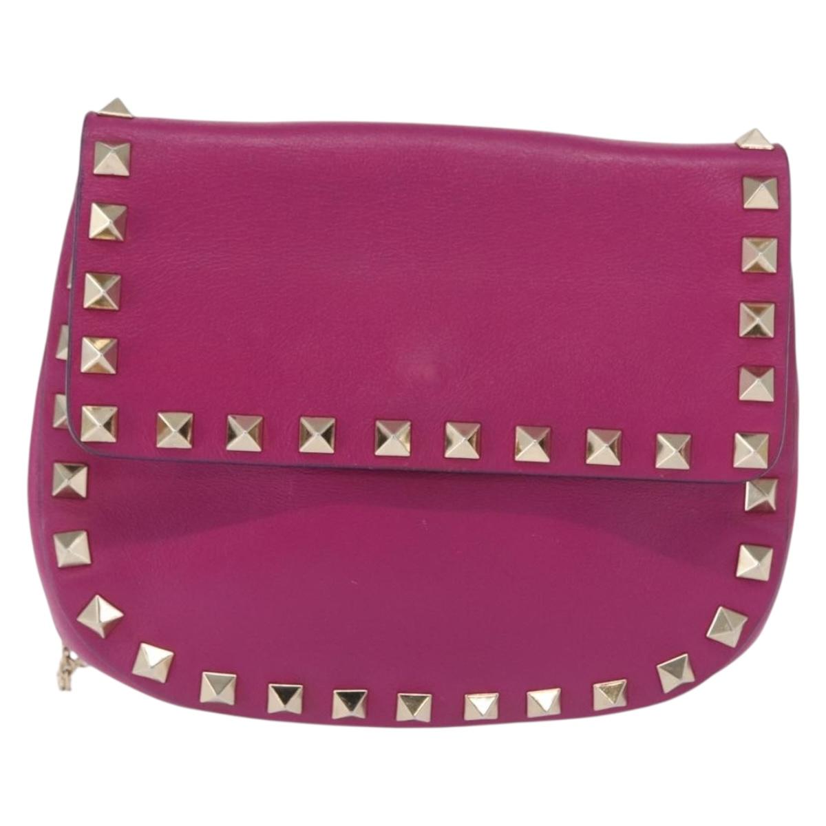 VALENTINO Chain Shoulder Bag Leather Pink Gold Auth ka1685