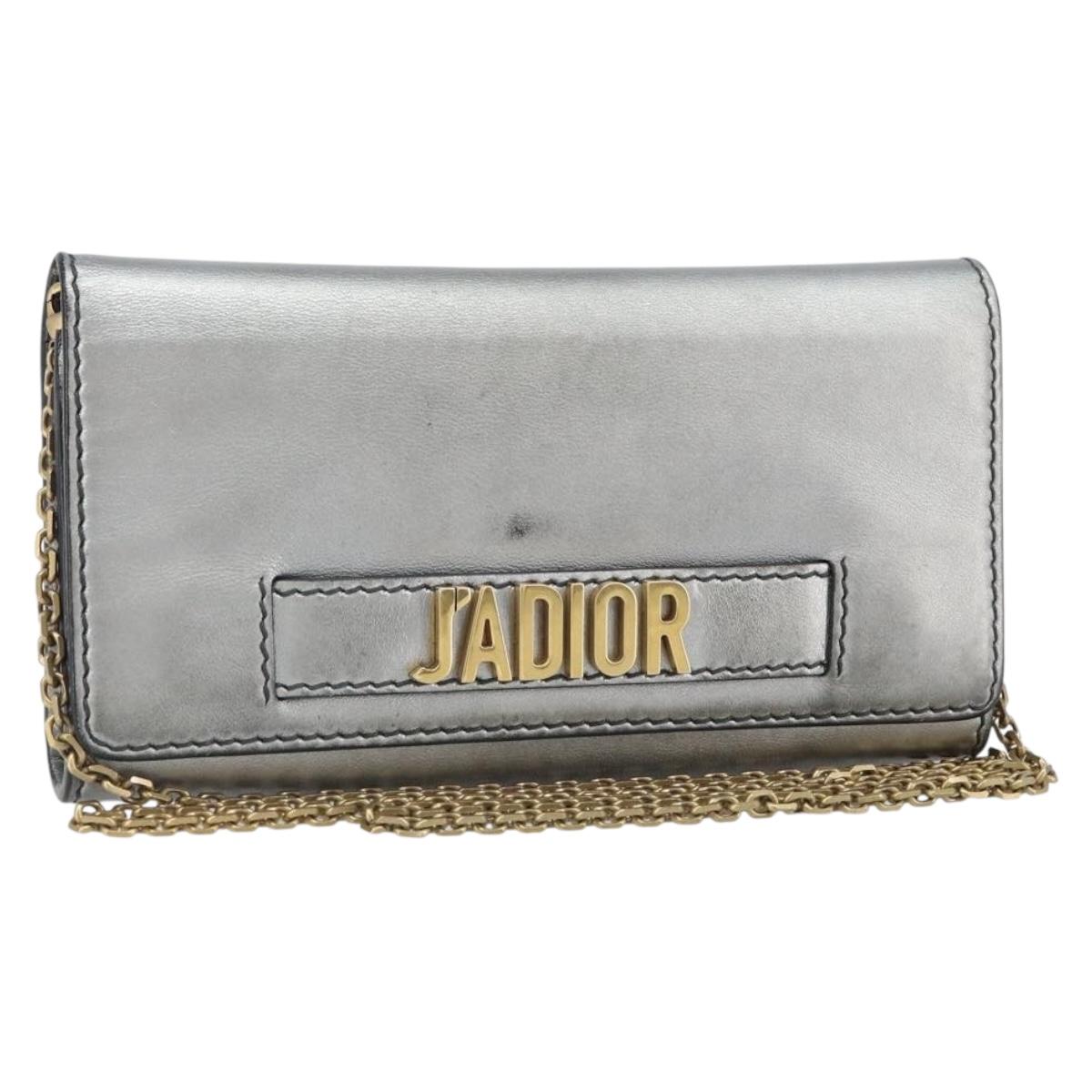 Christian Dior Chain Wallet Shoulder Bag Leather Silver Gold Auth ka1712V