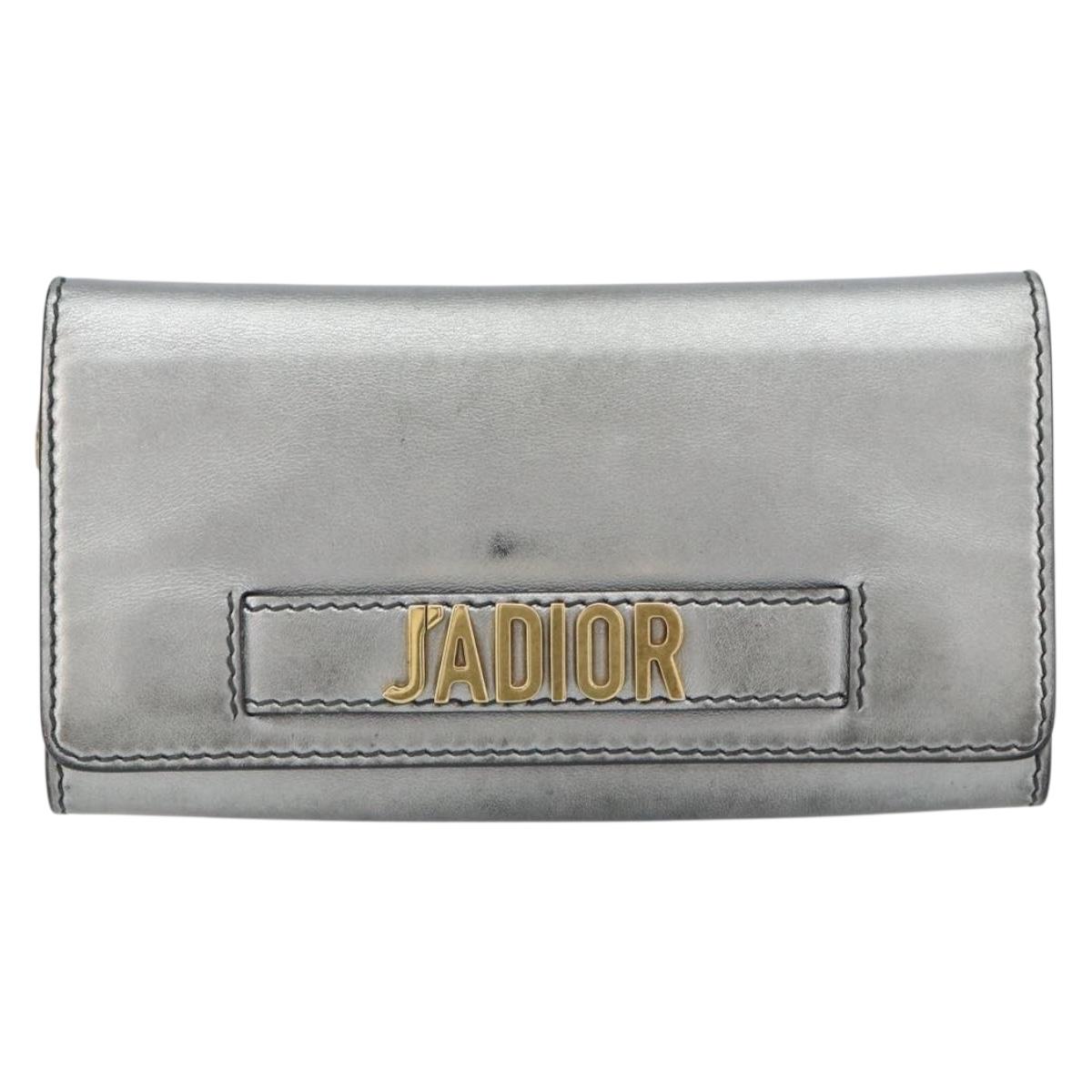 Christian Dior Chain Wallet Shoulder Bag Leather Silver Gold Auth ka1712V