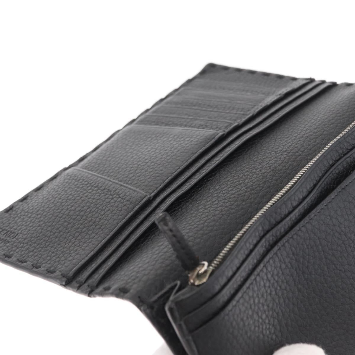FENDI Celeria Long Wallet Leather Black Silver Auth ka1726