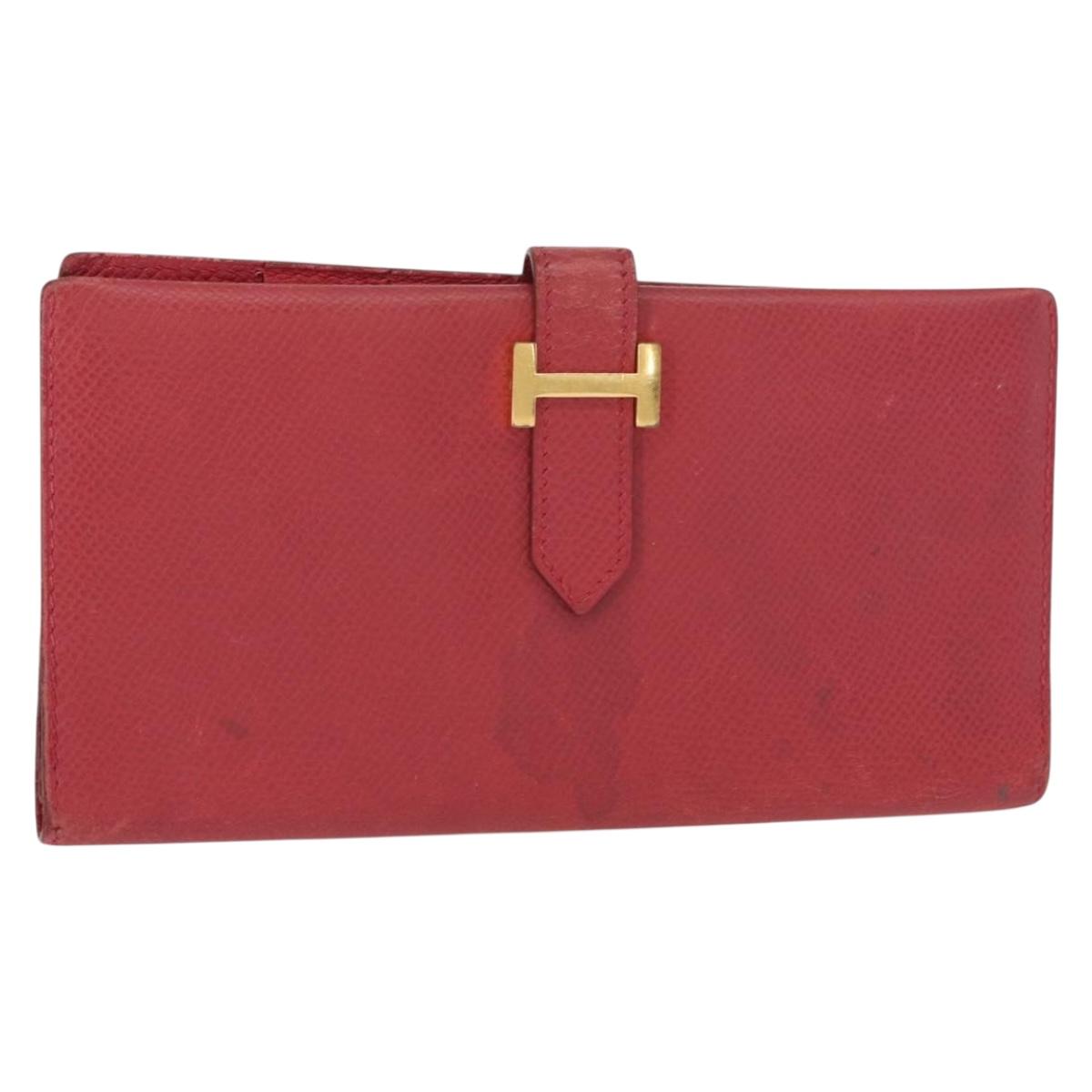 HERMES Bean Wallet Leather Red Auth ka175