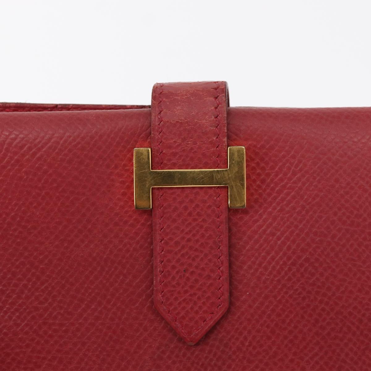 HERMES Bean Wallet Leather Red Auth ka175