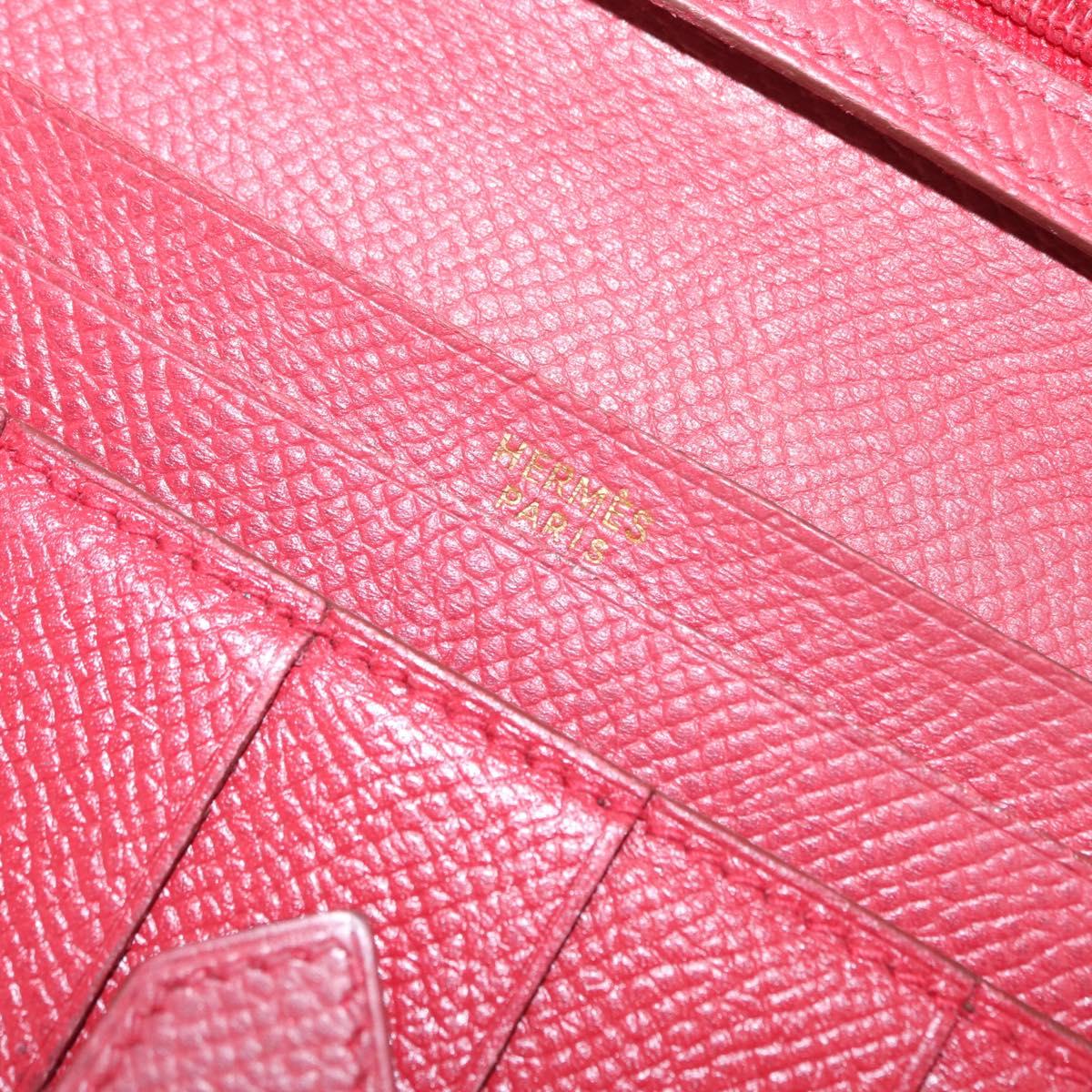HERMES Bean Wallet Leather Red Auth ka175