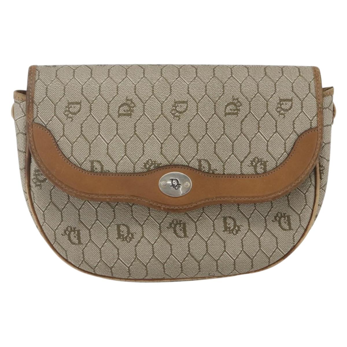 Christian Dior Honeycomb Canvas Shoulder Bag Beige Gold Auth ka1775