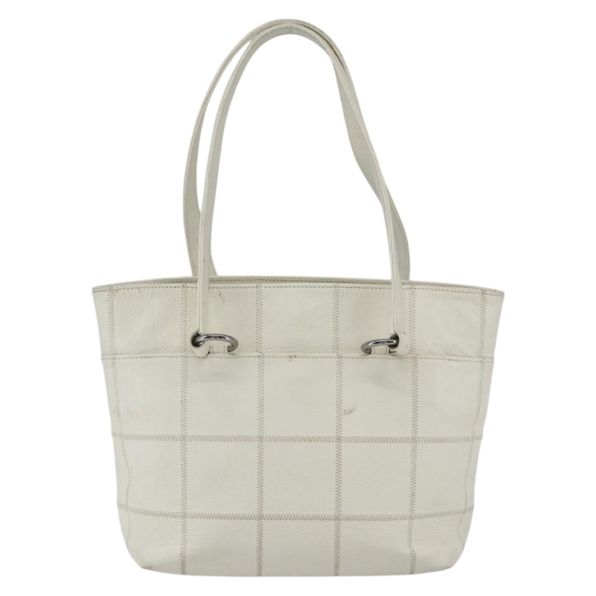 CHANEL Choco Bar Tote Bag Leather White Silver CC Auth ka1815