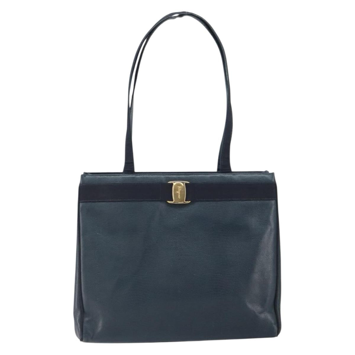 Salvatore Ferragamo Vala Tote Bag Leather Blue Gold Auth ka1850