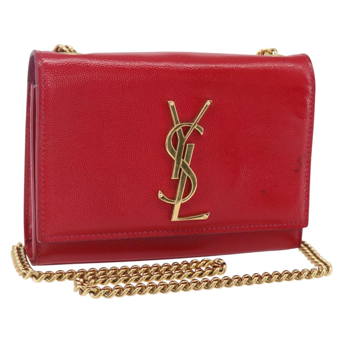 SAINT LAURENT Chain Shoulder Bag Leather Red Gold Auth ka1910V