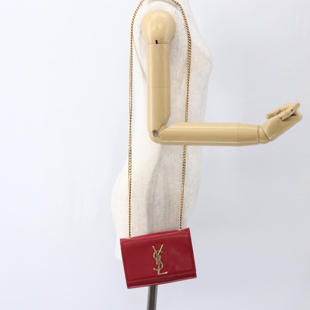 SAINT LAURENT Chain Shoulder Bag Leather Red Gold Auth ka1910V