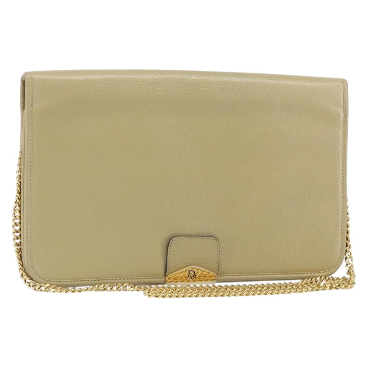 Christian Dior Chain Shoulder Bag Leather Beige Gold Auth ka1945