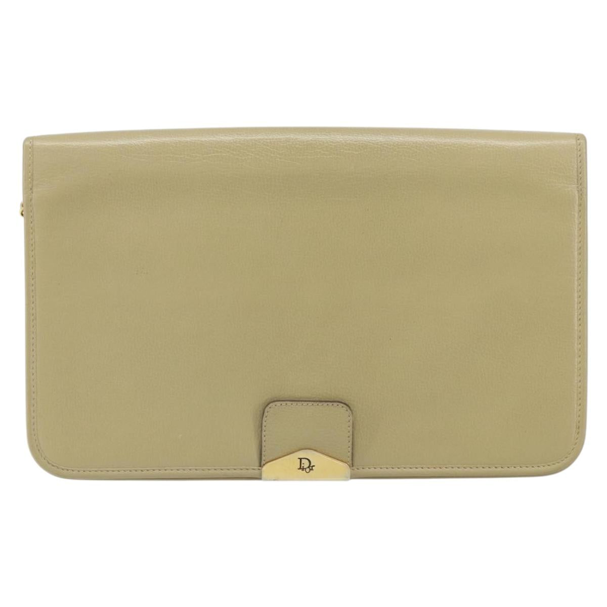 Christian Dior Chain Shoulder Bag Leather Beige Gold Auth ka1945