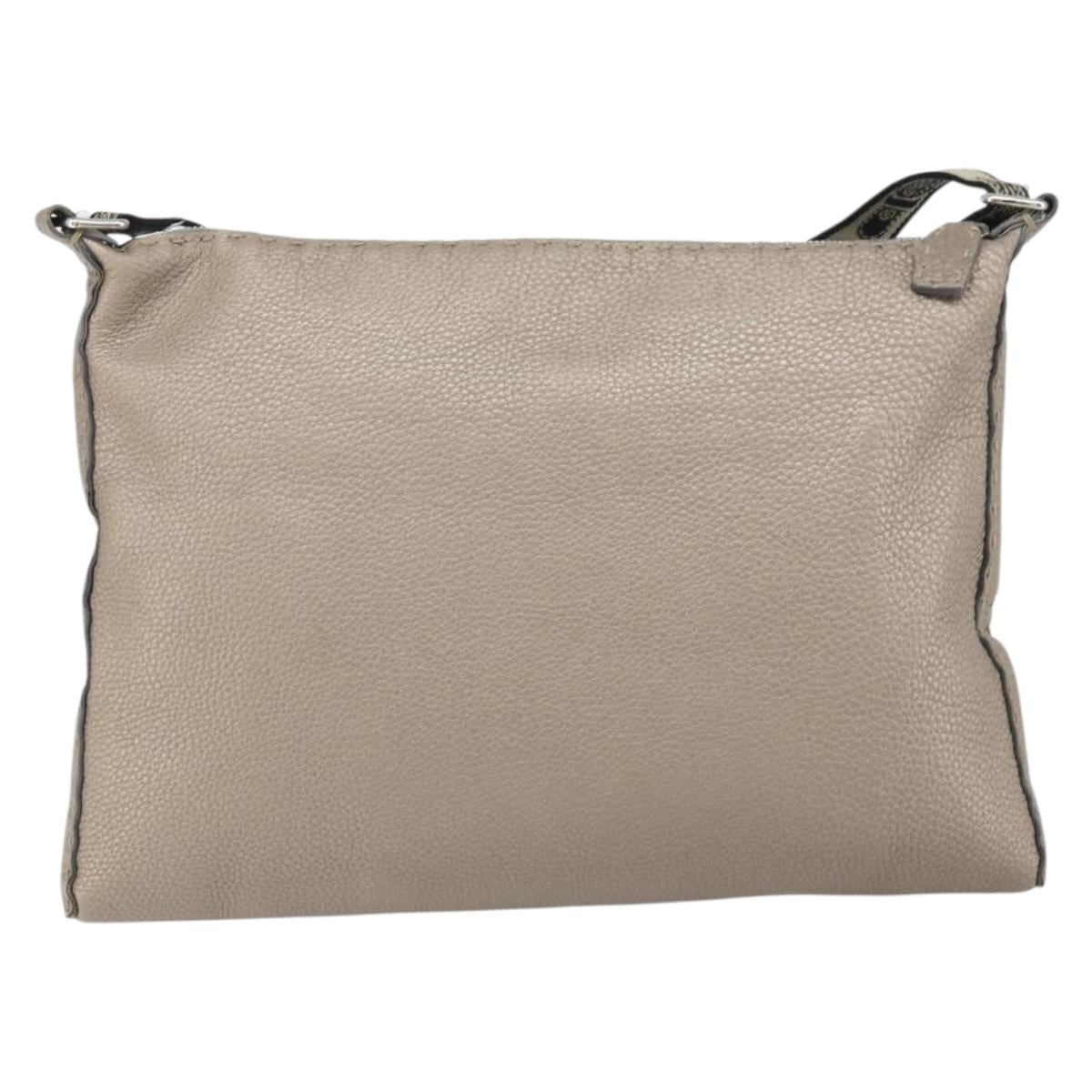 FENDI Celeria Shoulder Bag Leather Beige Silver Auth ka1948