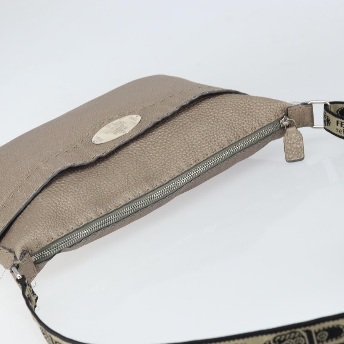 FENDI Celeria Shoulder Bag Leather Beige Silver Auth ka1948