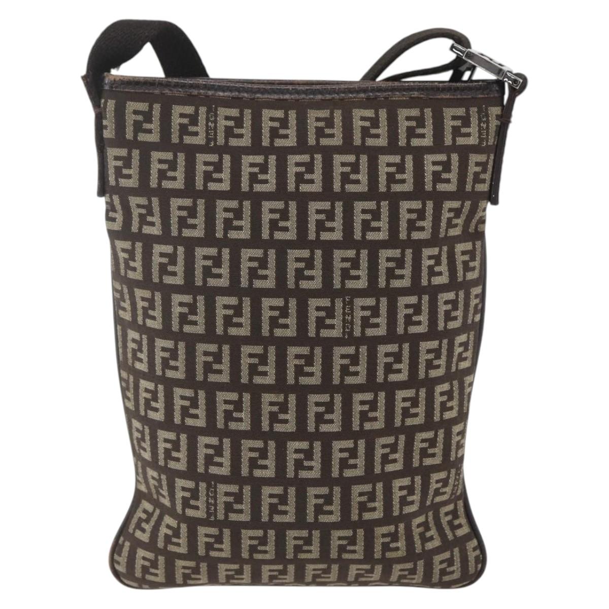 FENDI Zucchino Canvas Shoulder Bag Brown Silver Auth ka1960
