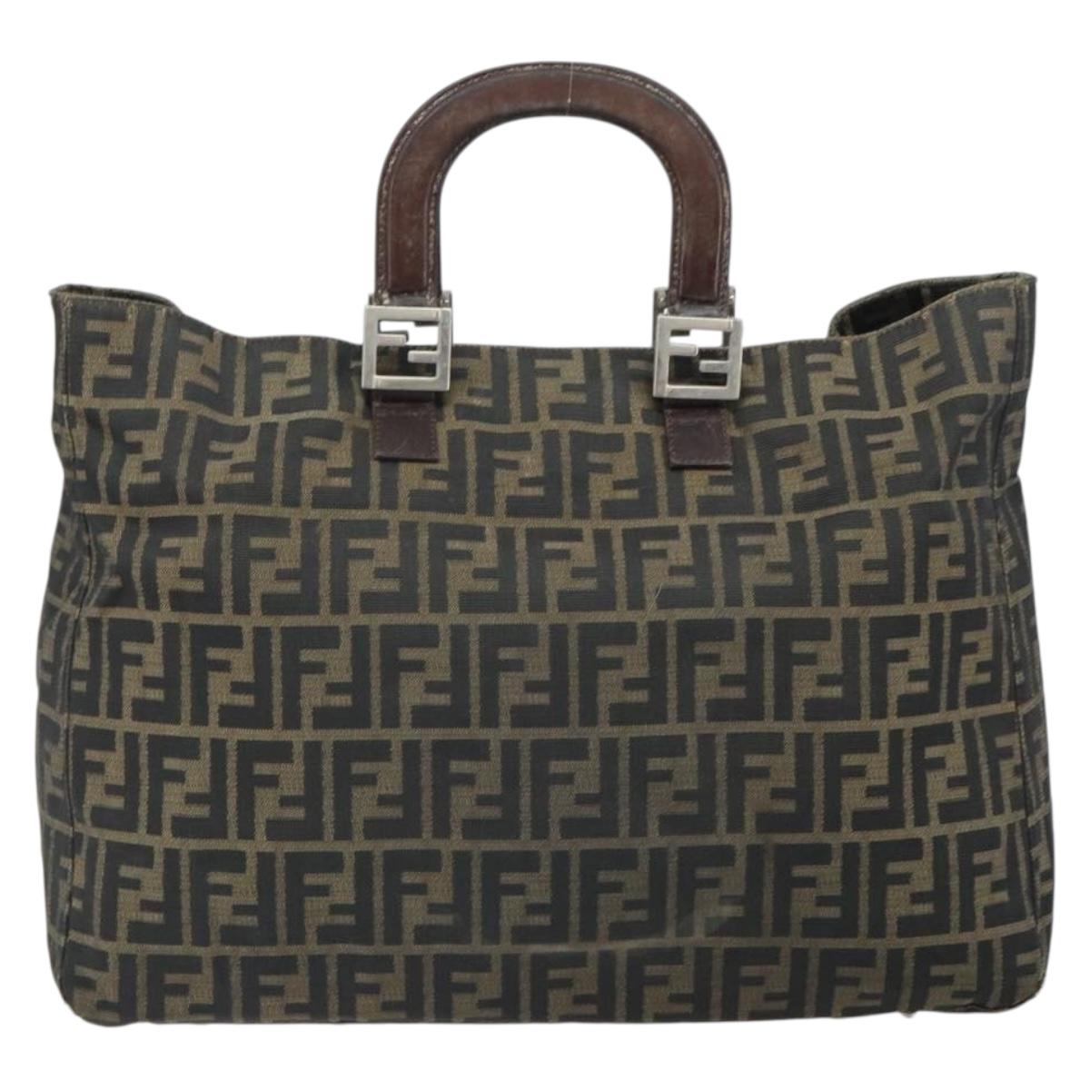 FENDI Zucca Canvas Hand Bag Brown Black Silver Auth ka1974